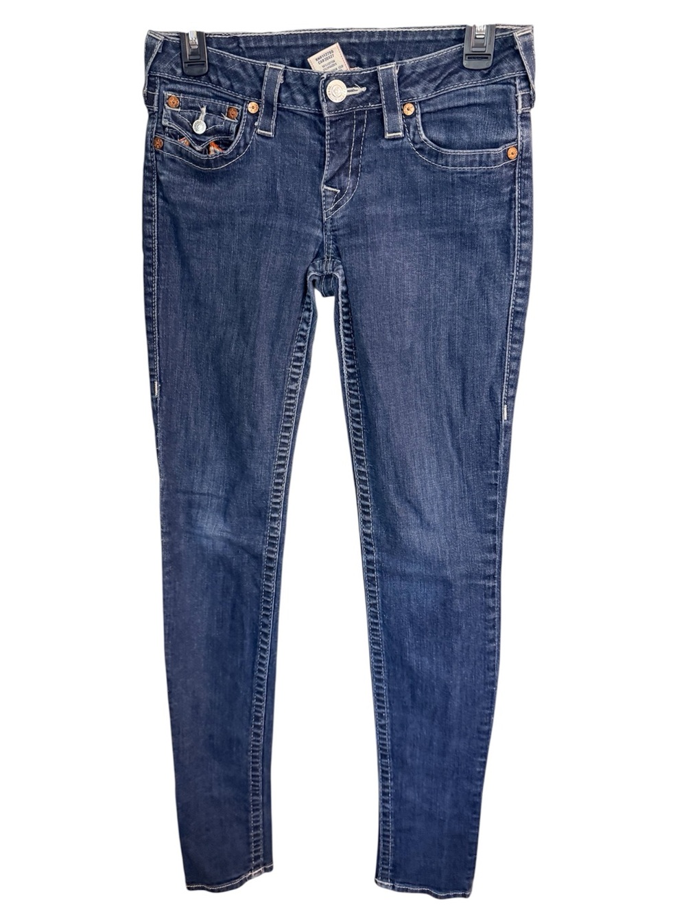 True Religion Skinny Jeans with Rainbow Logo Flap Pockets, size 28